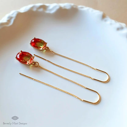 Gradient Red and Yellow Crystal Earrings, Orange Ombre Earrings , Handmade Elegant Threader Earrings, Sensitive Ear & Clip-On Options