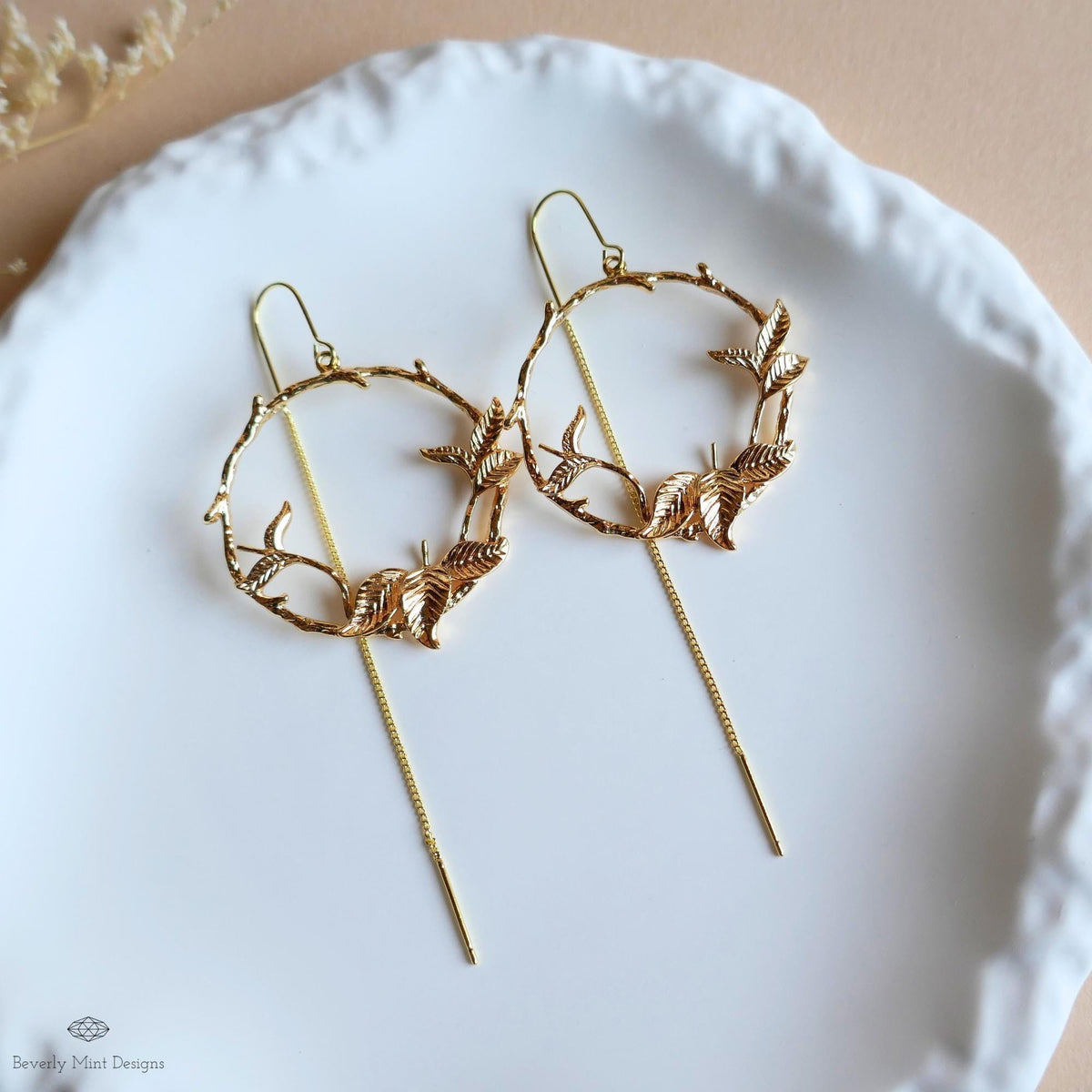 Gold Leaf Threader Earrings, Botanical Hoop Earrings, Nature Inspired Dangle Earrings, Sensitive Ear & Clip-On Options