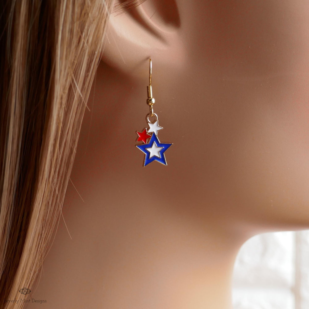 USA Earrings, American Flag Earrings, Red White Blue Star Earrings, USA Patriotic Earrings, Sensitive Ear & Clip-On Options