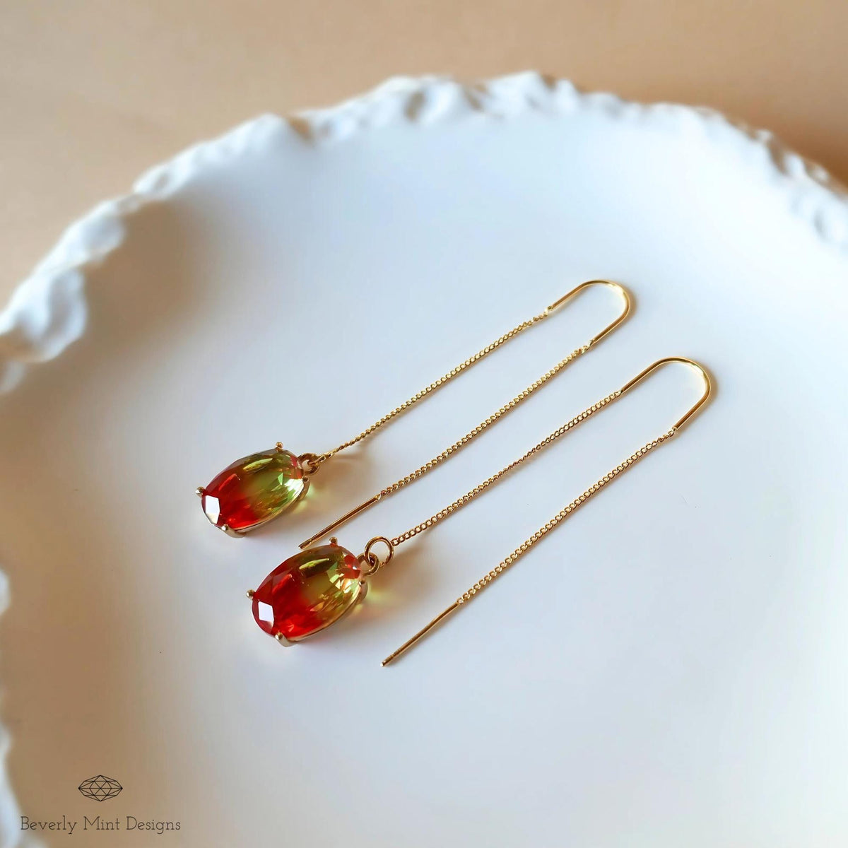 Gradient Red and Yellow Crystal Earrings, Orange Ombre Earrings , Handmade Elegant Threader Earrings, Sensitive Ear & Clip-On Options
