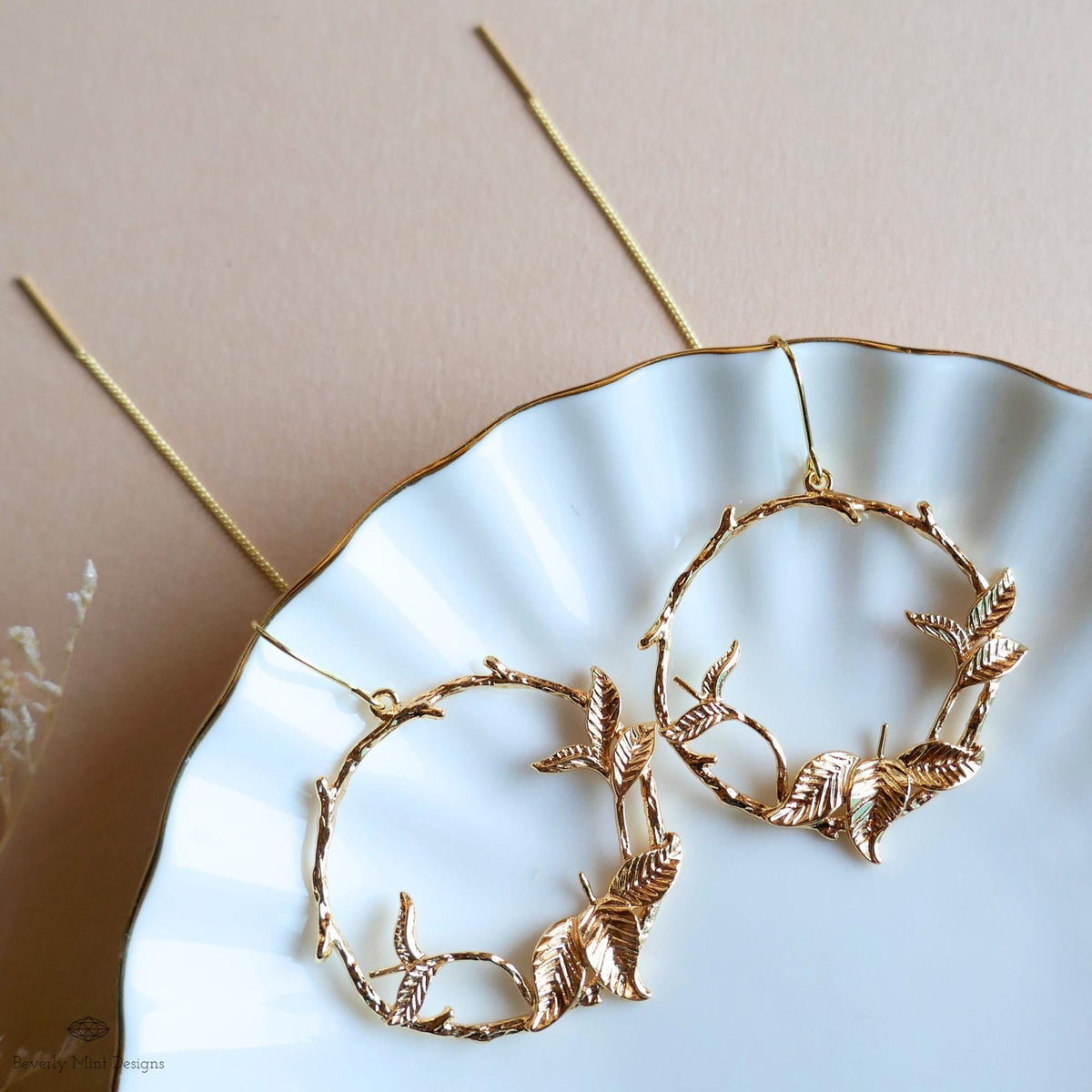 Gold Leaf Threader Earrings, Botanical Hoop Earrings, Nature Inspired Dangle Earrings, Sensitive Ear & Clip-On Options