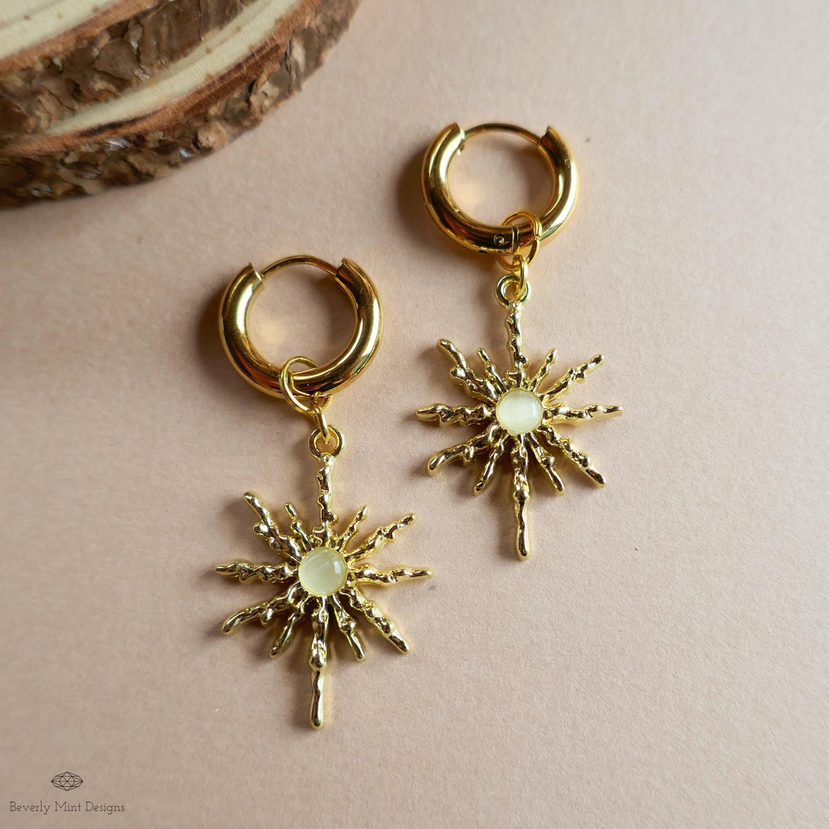 Gold Sunburst Hoop Earrings with White Stone, Celestial Statement Jewelry, Chunky Huggie Earrings, Boho Dangle Earrings, Holiday Gift
