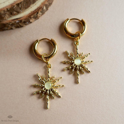 Gold Sunburst Hoop Earrings with White Stone, Celestial Statement Jewelry, Chunky Huggie Earrings, Boho Dangle Earrings, Holiday Gift