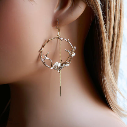 Gold Leaf Threader Earrings, Botanical Hoop Earrings, Nature Inspired Dangle Earrings, Sensitive Ear & Clip-On Options