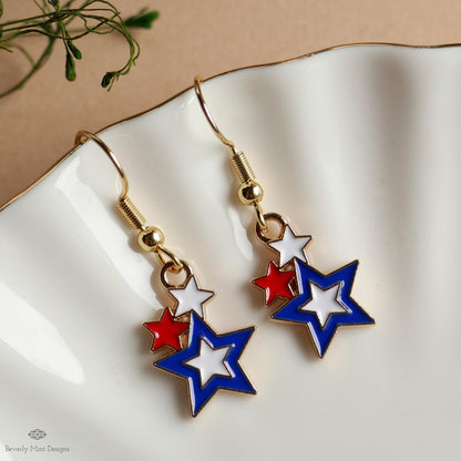 USA Earrings, American Flag Earrings, Red White Blue Star Earrings, USA Patriotic Earrings, Sensitive Ear & Clip-On Options