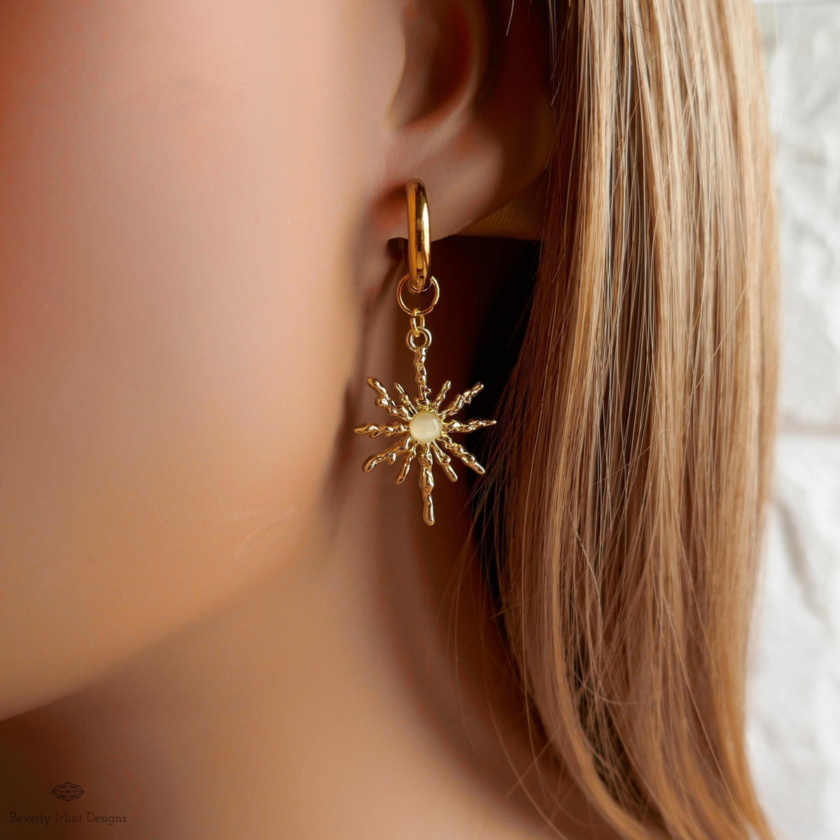 Gold Sunburst Hoop Earrings with White Stone, Celestial Statement Jewelry, Chunky Huggie Earrings, Boho Dangle Earrings, Holiday Gift