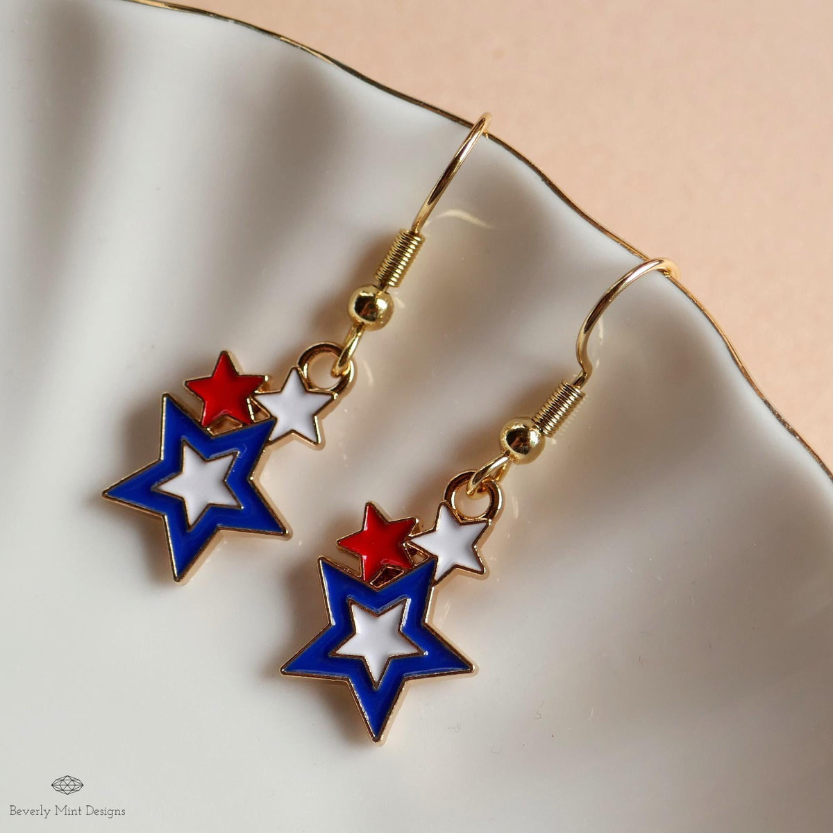 USA Earrings, American Flag Earrings, Red White Blue Star Earrings, USA Patriotic Earrings, Sensitive Ear & Clip-On Options