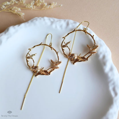 Gold Leaf Threader Earrings, Botanical Hoop Earrings, Nature Inspired Dangle Earrings, Sensitive Ear & Clip-On Options