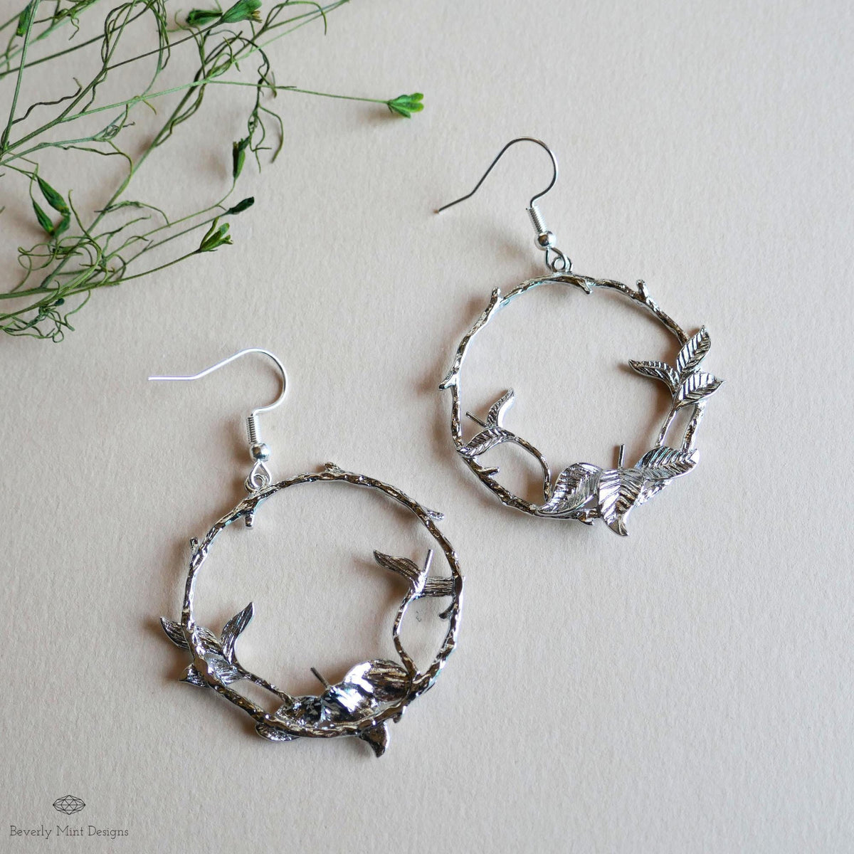 Silver Leaf Hoop Earrings, Nature Inspired Earrings, Botanical Branch Earrings, Handmade Jewelry for Her, Woodland Dangle Earrings