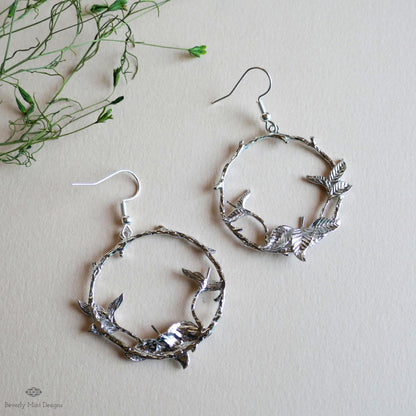 Silver Leaf Hoop Earrings, Nature Inspired Earrings, Botanical Branch Earrings, Handmade Jewelry for Her, Woodland Dangle Earrings