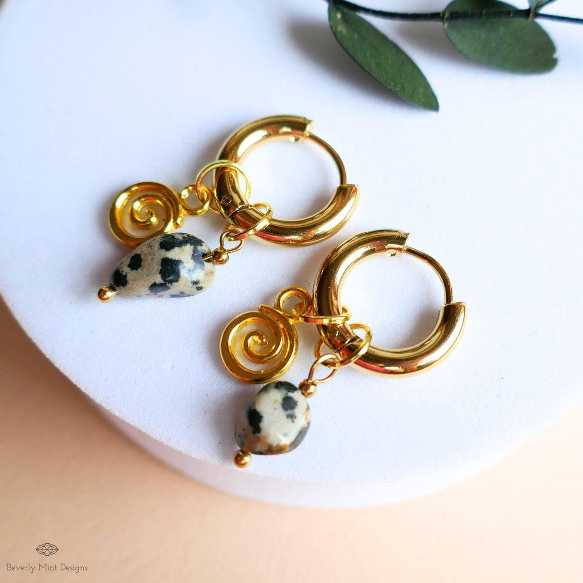 Dalmatian Jasper Earrings, Gold Spiral Charm Hoops, Zebra Rock Jewelry, Symbolic Boho Earrings, Dainty Gemstone