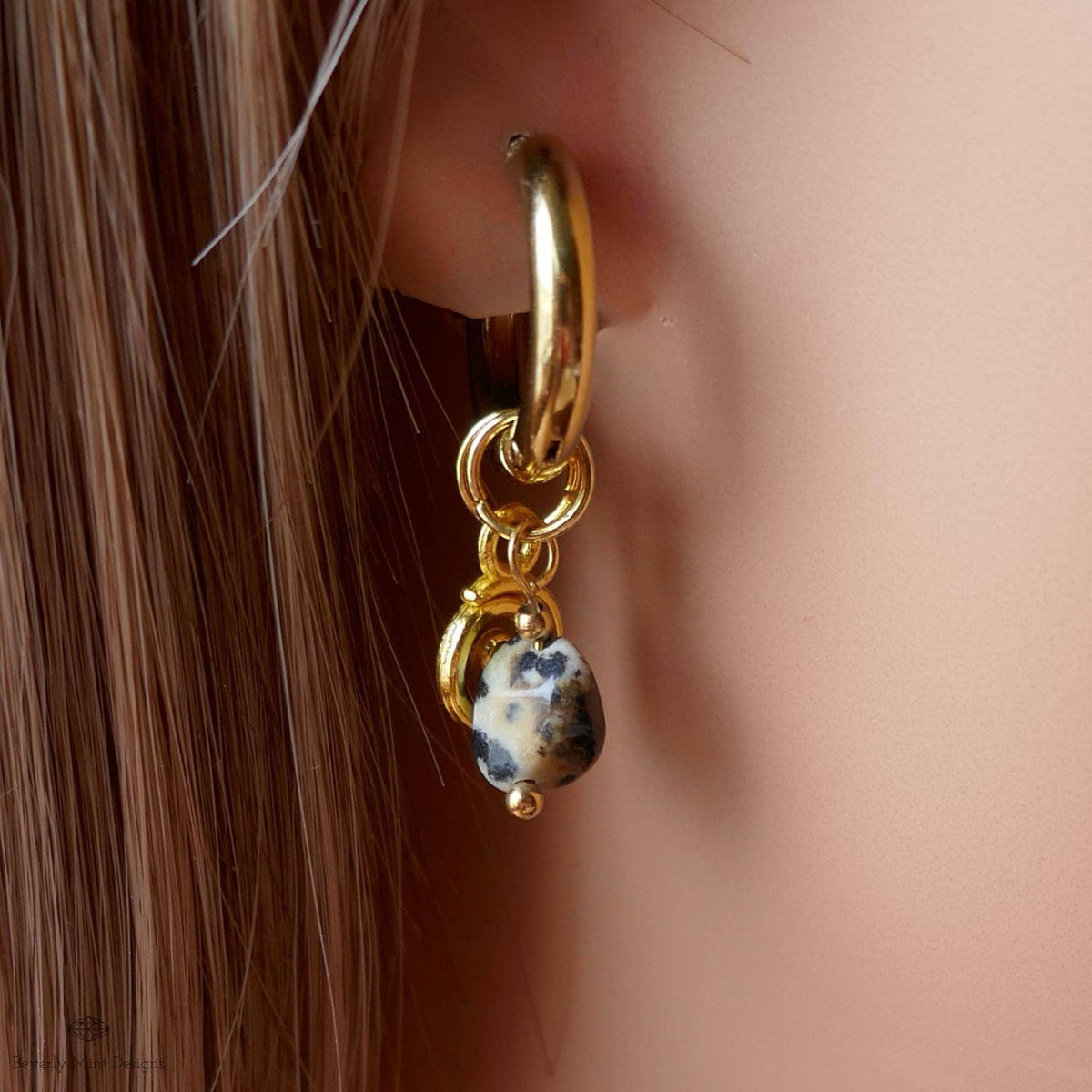 Dalmatian Jasper Earrings, Gold Spiral Charm Hoops, Zebra Rock Jewelry, Symbolic Boho Earrings, Dainty Gemstone