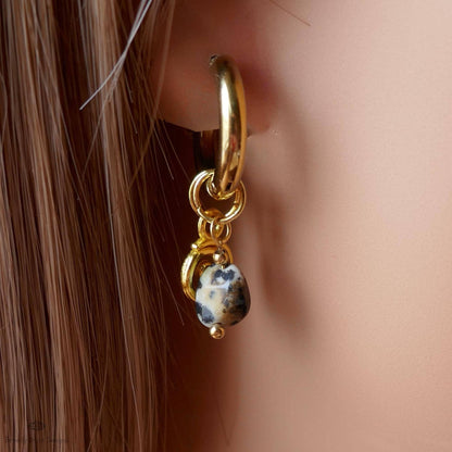 Dalmatian Jasper Earrings, Gold Spiral Charm Hoops, Zebra Rock Jewelry, Symbolic Boho Earrings, Dainty Gemstone