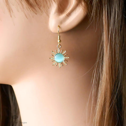 Sun Earrings, 18K Gold Boho Sun Earrings, Turquoise Blue Earrings, Bohemian Style Earrings, Sensitive Ear & Clip-On Options