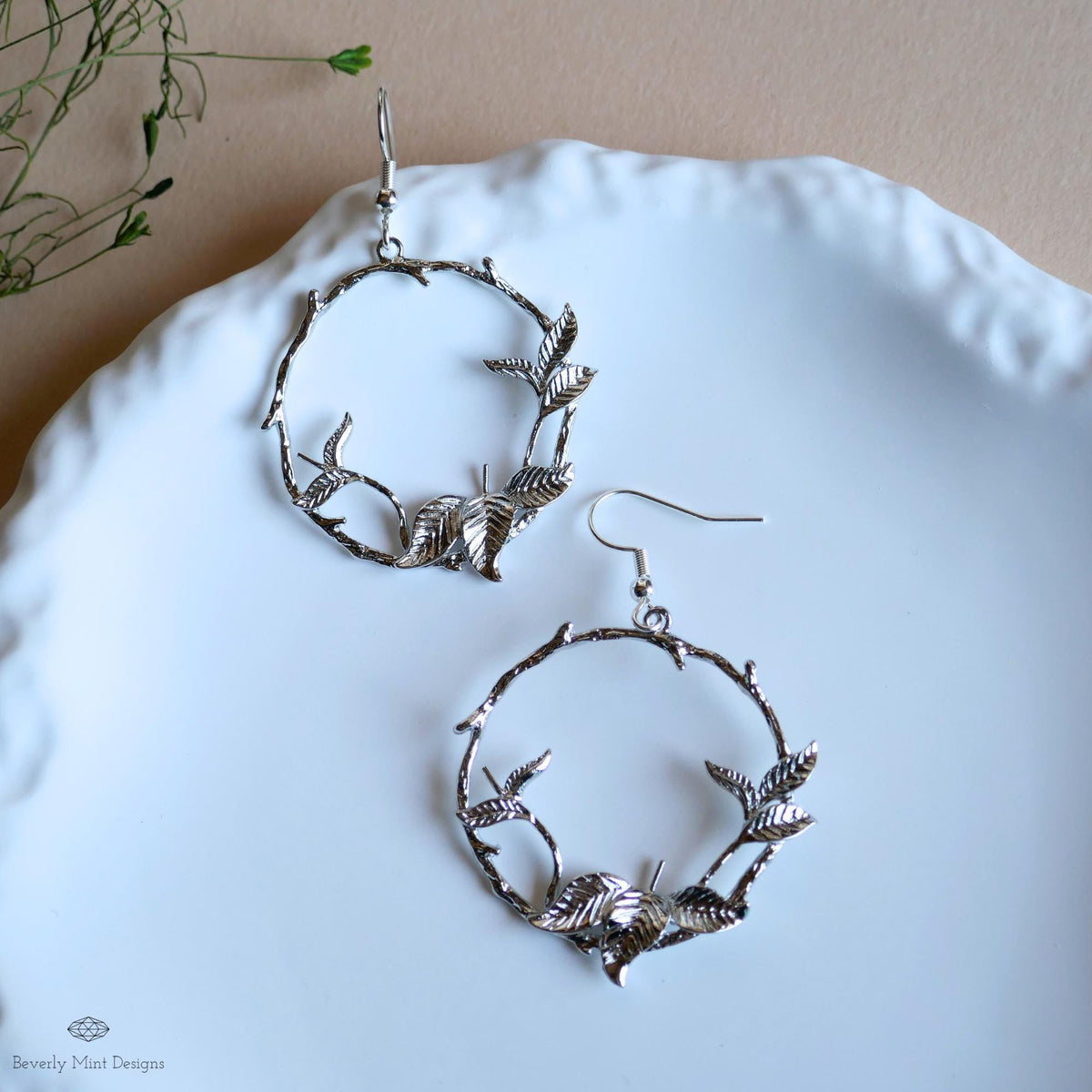 Silver Leaf Hoop Earrings, Nature Inspired Earrings, Botanical Branch Earrings, Handmade Jewelry for Her, Woodland Dangle Earrings