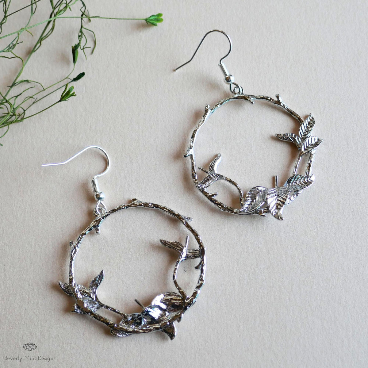 Silver Leaf Hoop Earrings, Nature Inspired Earrings, Botanical Branch Earrings, Handmade Jewelry for Her, Woodland Dangle Earrings