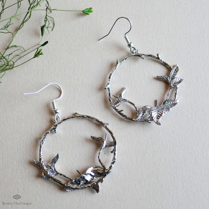 Silver Leaf Hoop Earrings, Nature Inspired Earrings, Botanical Branch Earrings, Handmade Jewelry for Her, Woodland Dangle Earrings