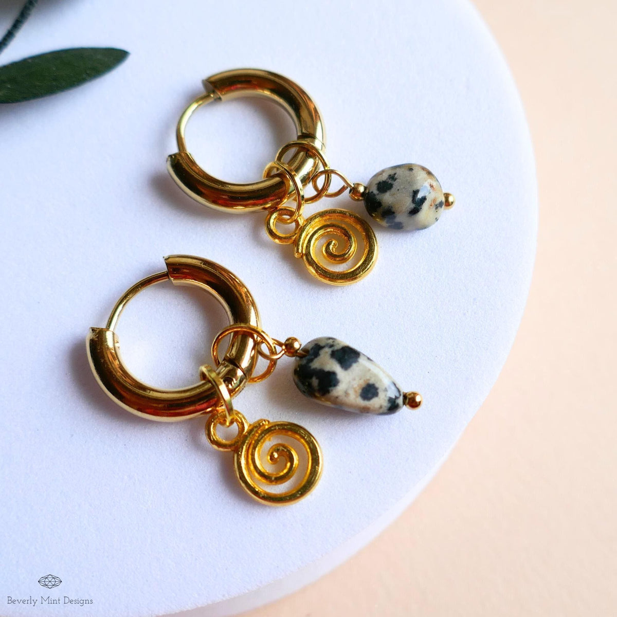 Dalmatian Jasper Earrings, Gold Spiral Charm Hoops, Zebra Rock Jewelry, Symbolic Boho Earrings, Dainty Gemstone
