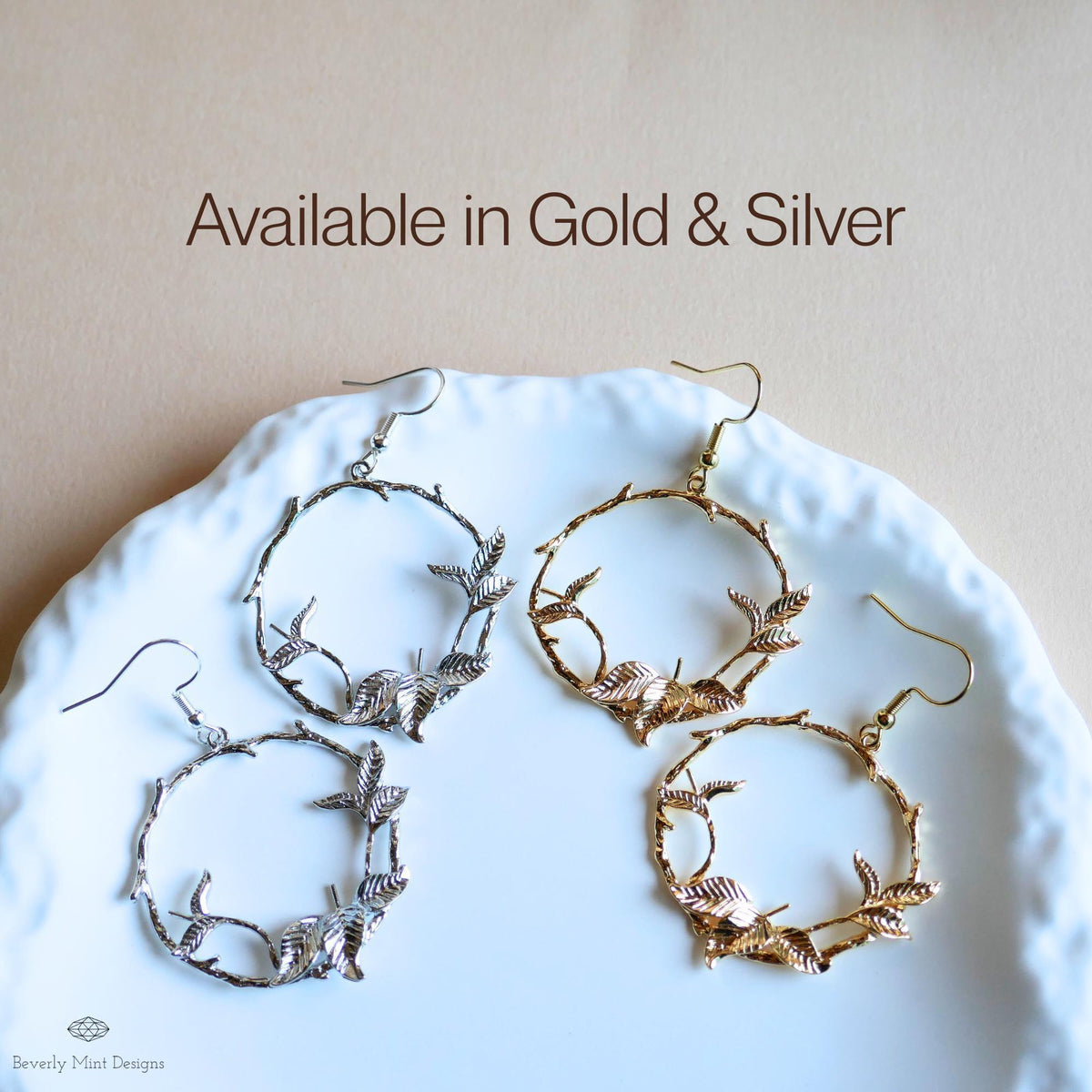 Silver Leaf Hoop Earrings, Nature Inspired Earrings, Botanical Branch Earrings, Handmade Jewelry for Her, Woodland Dangle Earrings