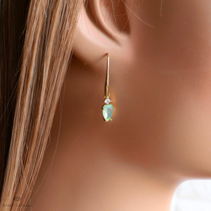 Light Green Heart Earrings, Gold Dangle Earrings, Minimalist Jewelry, Dainty Drop Earrings, Romantic, Sensitive Ear & Clip-On Options