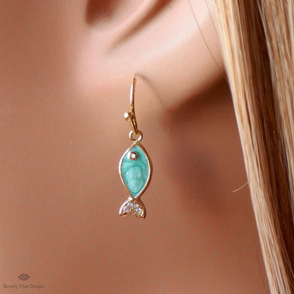Green Fish Earrings, Cute Dangle Earrings, Enamel Fish Jewelry, Gold Drop Earrings, Kawaii Earrings, Sensitive Ear & Clip-On Options