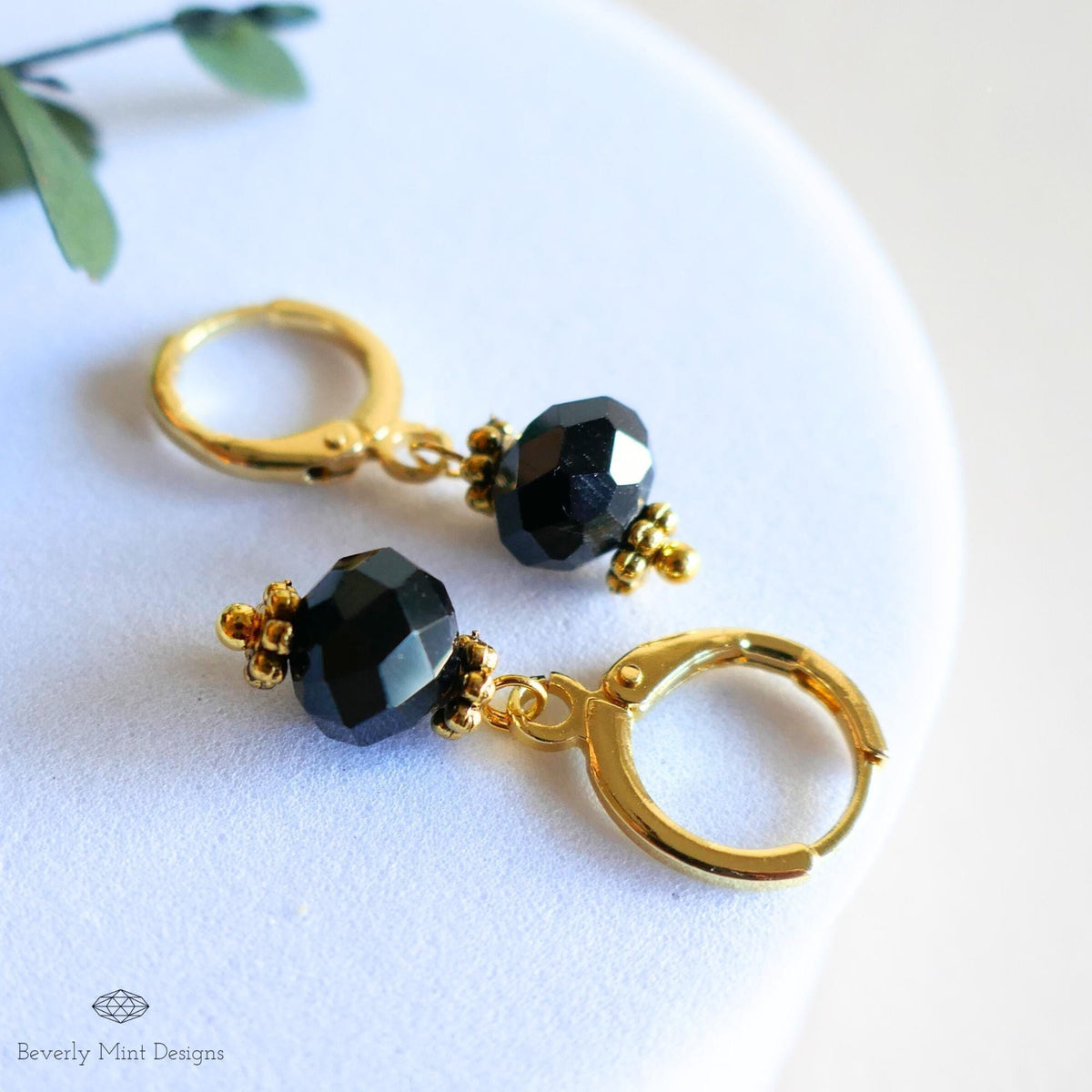 Black Bead Drop Earrings, Gold Huggie Hoop Earrings, Dainty Black Earrings, Minimalist Jewelry, Sensitive Ear & Clip-On Options