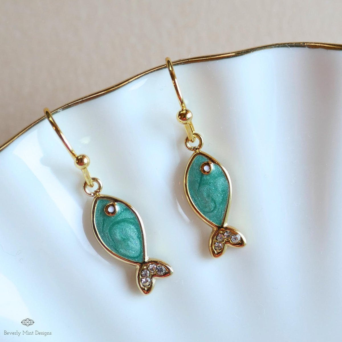 Green Fish Earrings, Cute Dangle Earrings, Enamel Fish Jewelry, Gold Drop Earrings, Kawaii Earrings, Sensitive Ear & Clip-On Options