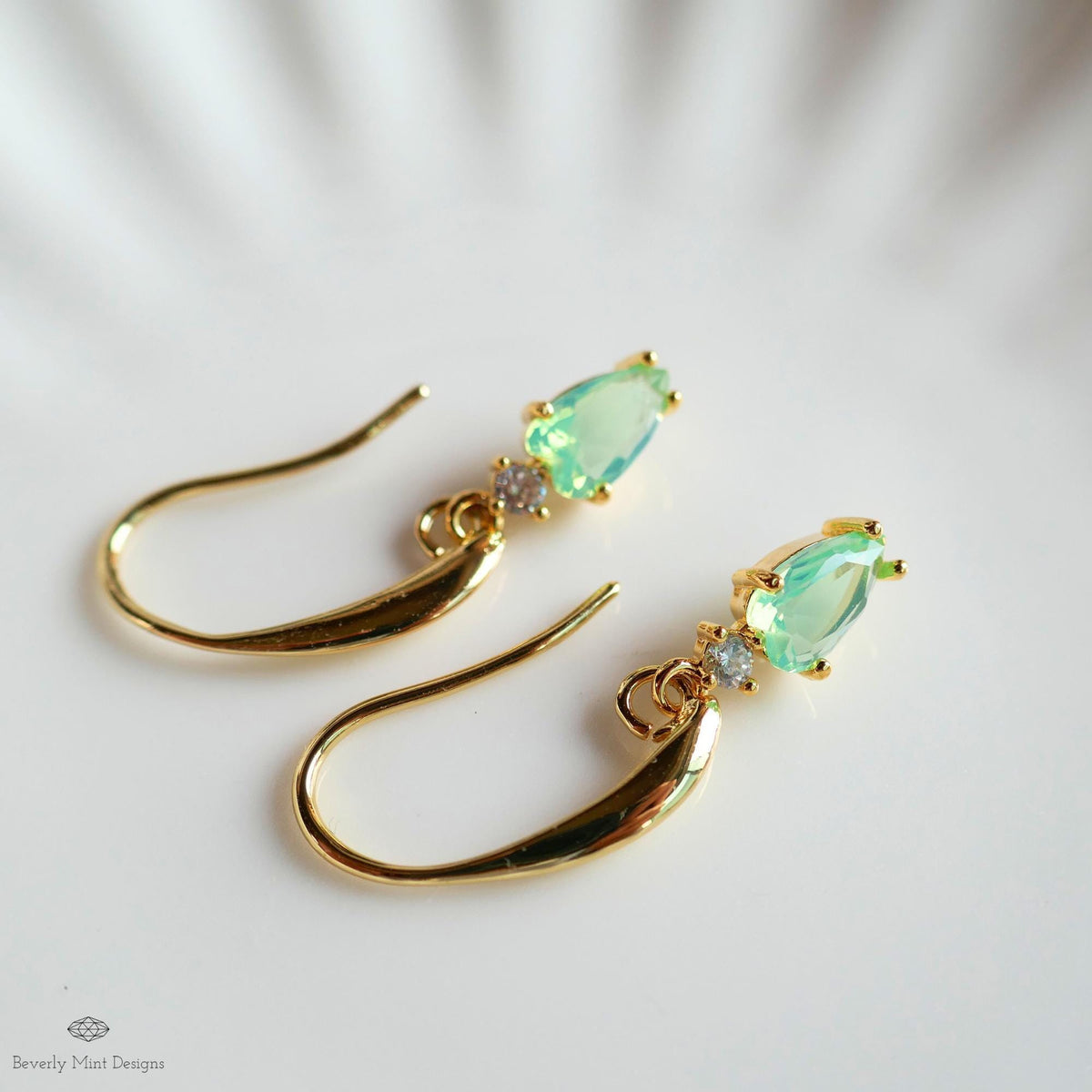 Light Green Heart Earrings, Gold Dangle Earrings, Minimalist Jewelry, Dainty Drop Earrings, Romantic, Sensitive Ear & Clip-On Options