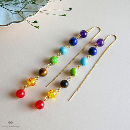 Chakra Earrings , Rainbow Threader Earrings, Seven Chakra Jewelry, Healing Crystal Earrings, Sensitive Ear & Clip-On Options