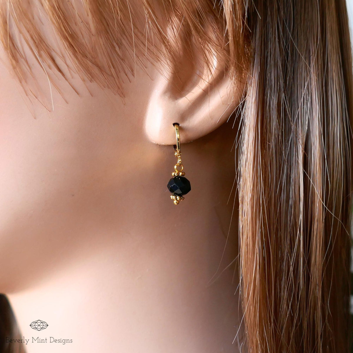 Black Bead Drop Earrings, Gold Huggie Hoop Earrings, Dainty Black Earrings, Minimalist Jewelry, Sensitive Ear & Clip-On Options