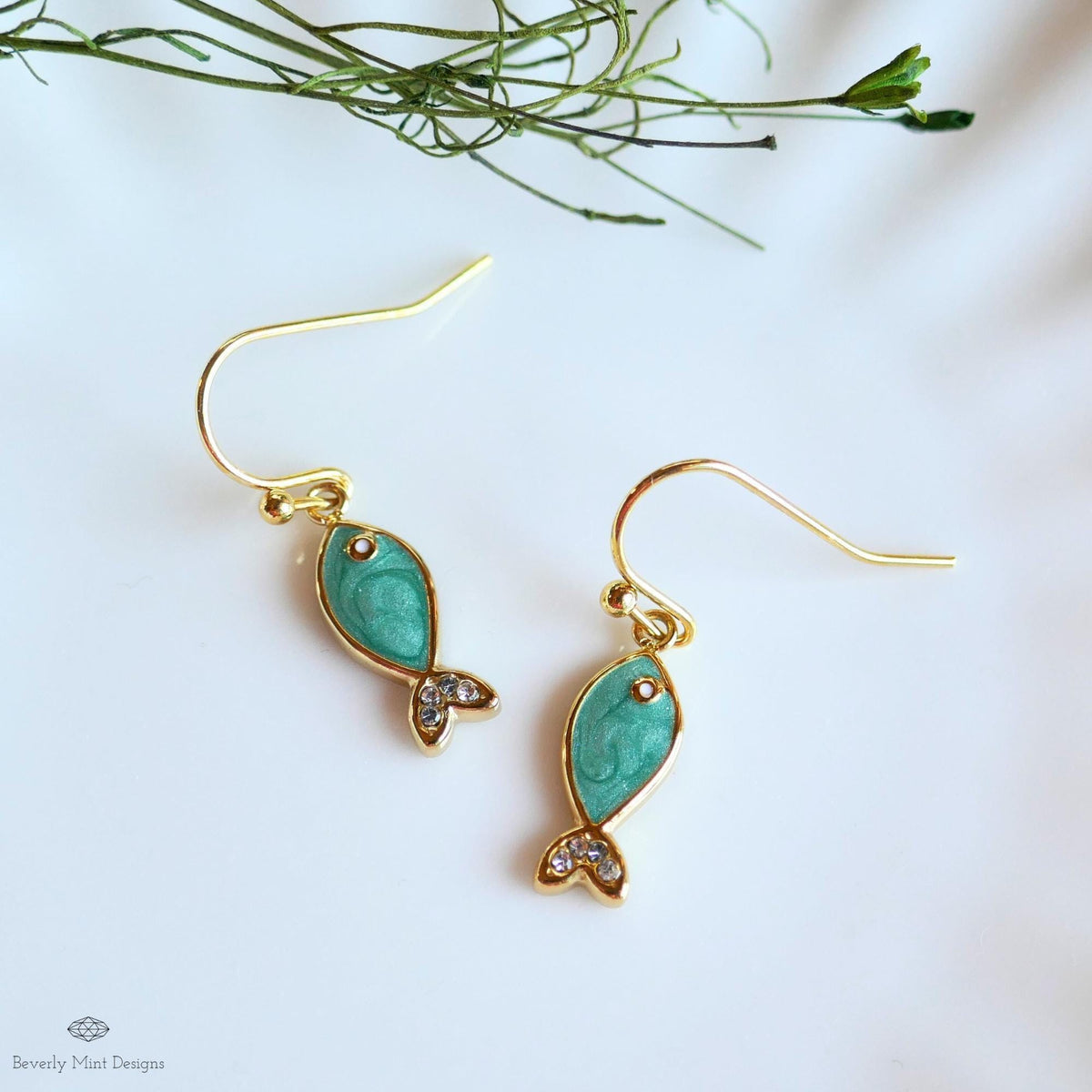 Green Fish Earrings, Cute Dangle Earrings, Enamel Fish Jewelry, Gold Drop Earrings, Kawaii Earrings, Sensitive Ear & Clip-On Options