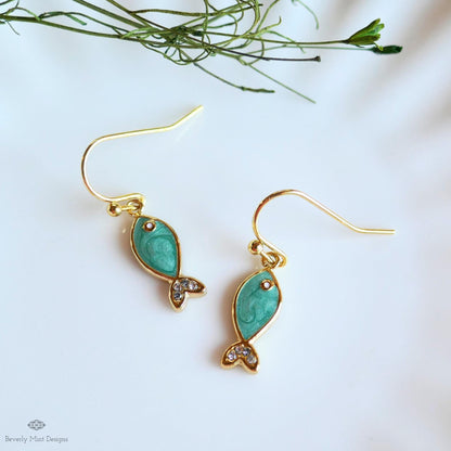 Green Fish Earrings, Cute Dangle Earrings, Enamel Fish Jewelry, Gold Drop Earrings, Kawaii Earrings, Sensitive Ear & Clip-On Options