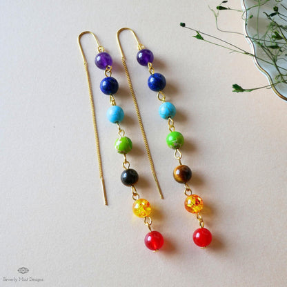 Chakra Earrings , Rainbow Threader Earrings, Seven Chakra Jewelry, Healing Crystal Earrings, Sensitive Ear & Clip-On Options