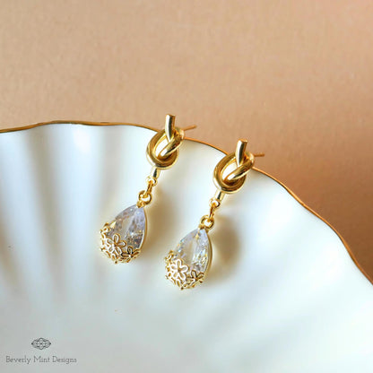 Gold Knot Crystal Drop Earrings, Elegant Teardrop Dangle Jewelry, Minimalist Earrings, Sparkling Floral Statement Earrings