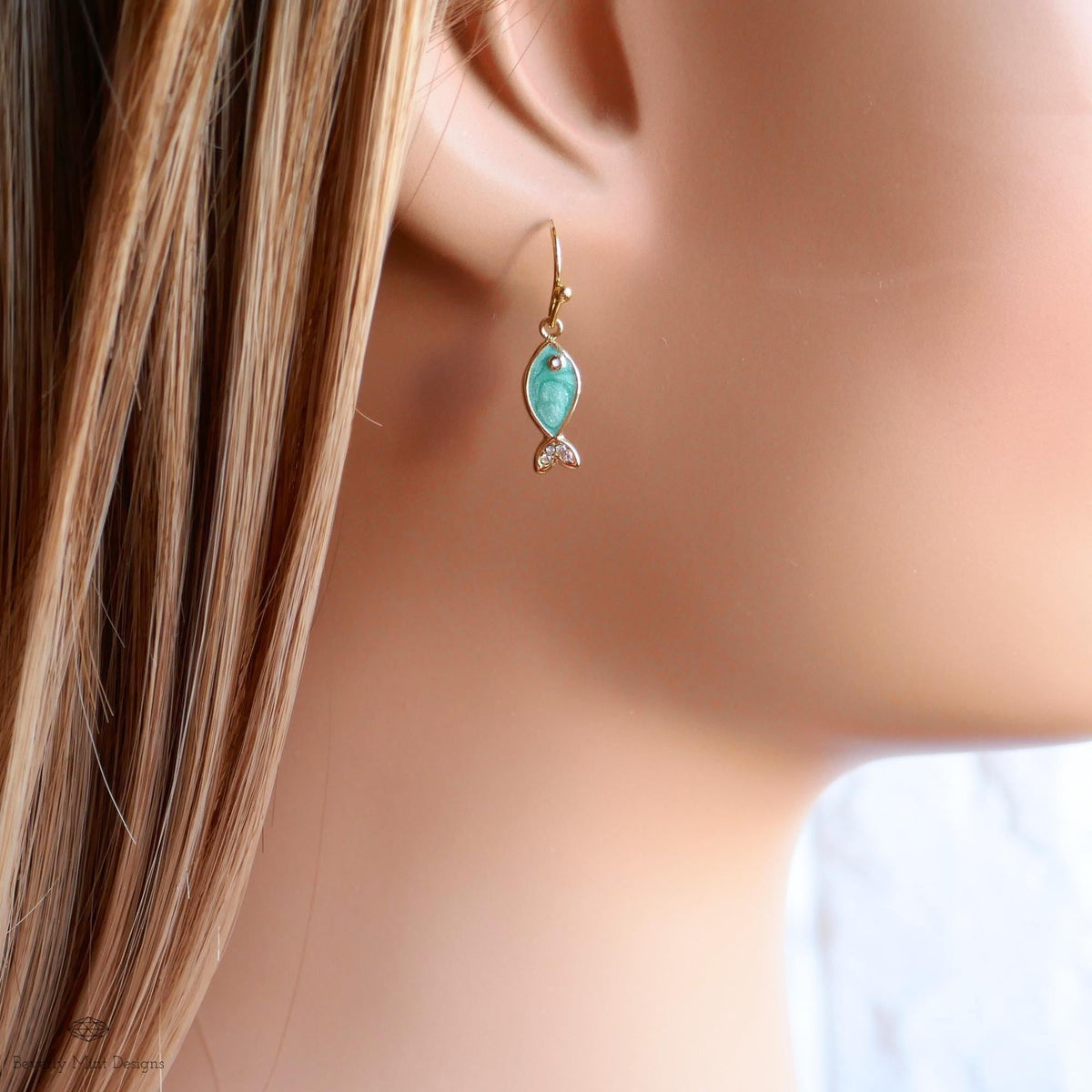 Green Fish Earrings, Cute Dangle Earrings, Enamel Fish Jewelry, Gold Drop Earrings, Kawaii Earrings, Sensitive Ear & Clip-On Options