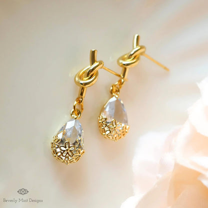 Gold Knot Crystal Drop Earrings, Elegant Teardrop Dangle Jewelry, Minimalist Earrings, Sparkling Floral Statement Earrings