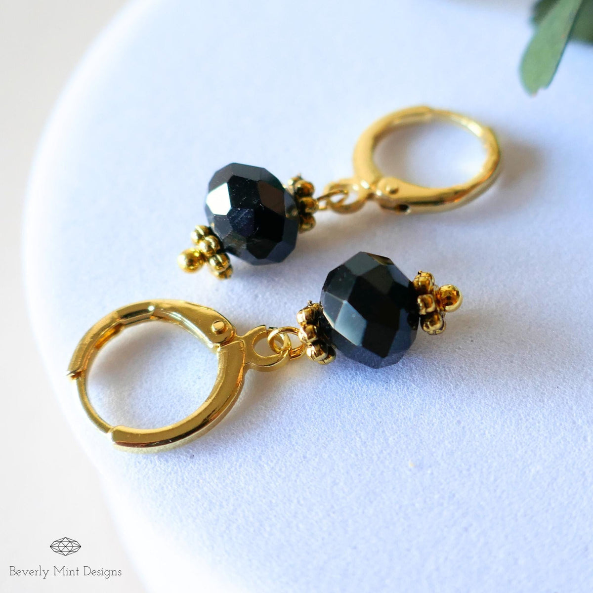 Black Bead Drop Earrings, Gold Huggie Hoop Earrings, Dainty Black Earrings, Minimalist Jewelry, Sensitive Ear & Clip-On Options