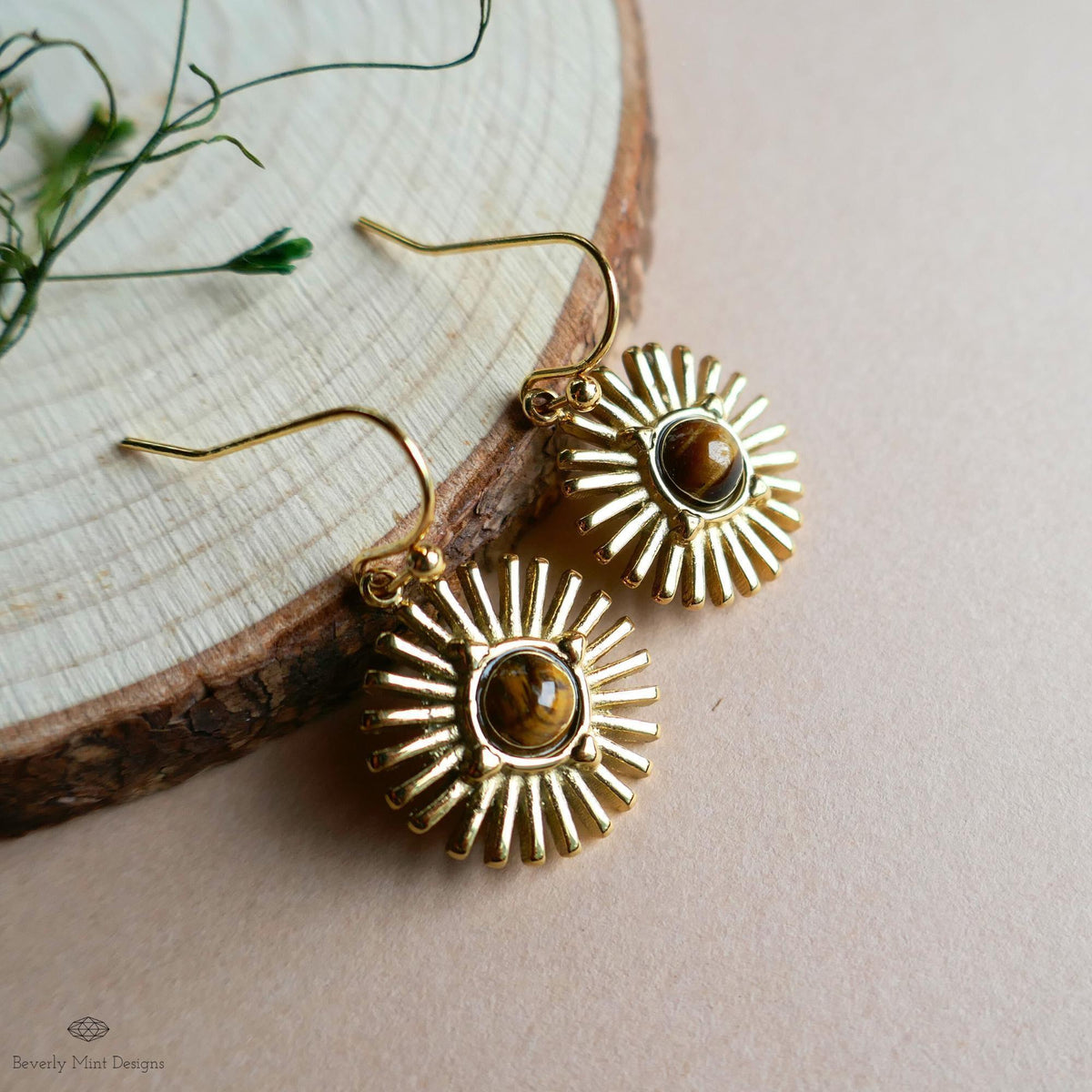 Sun Earrings, Tiger and #39;s Eye Sunburst Earrings , Gold Dangle Natural Stone Jewelry, Sensitive Ear & Clip-On Options
