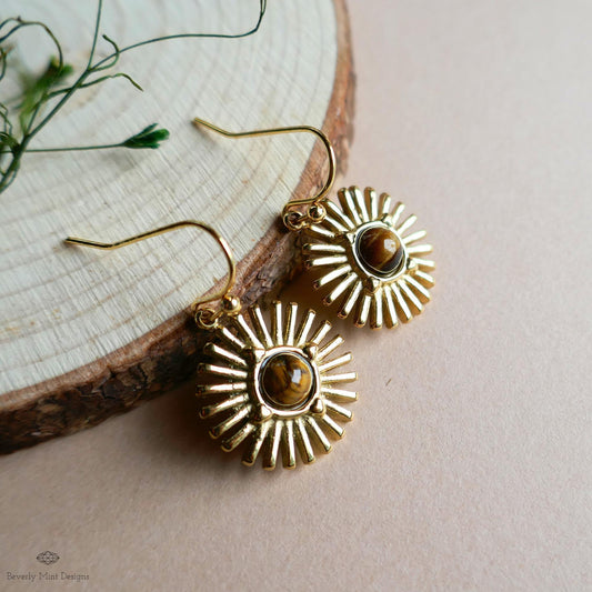 Sun Earrings, Tiger and #39;s Eye Sunburst Earrings , Gold Dangle Natural Stone Jewelry, Sensitive Ear & Clip-On Options