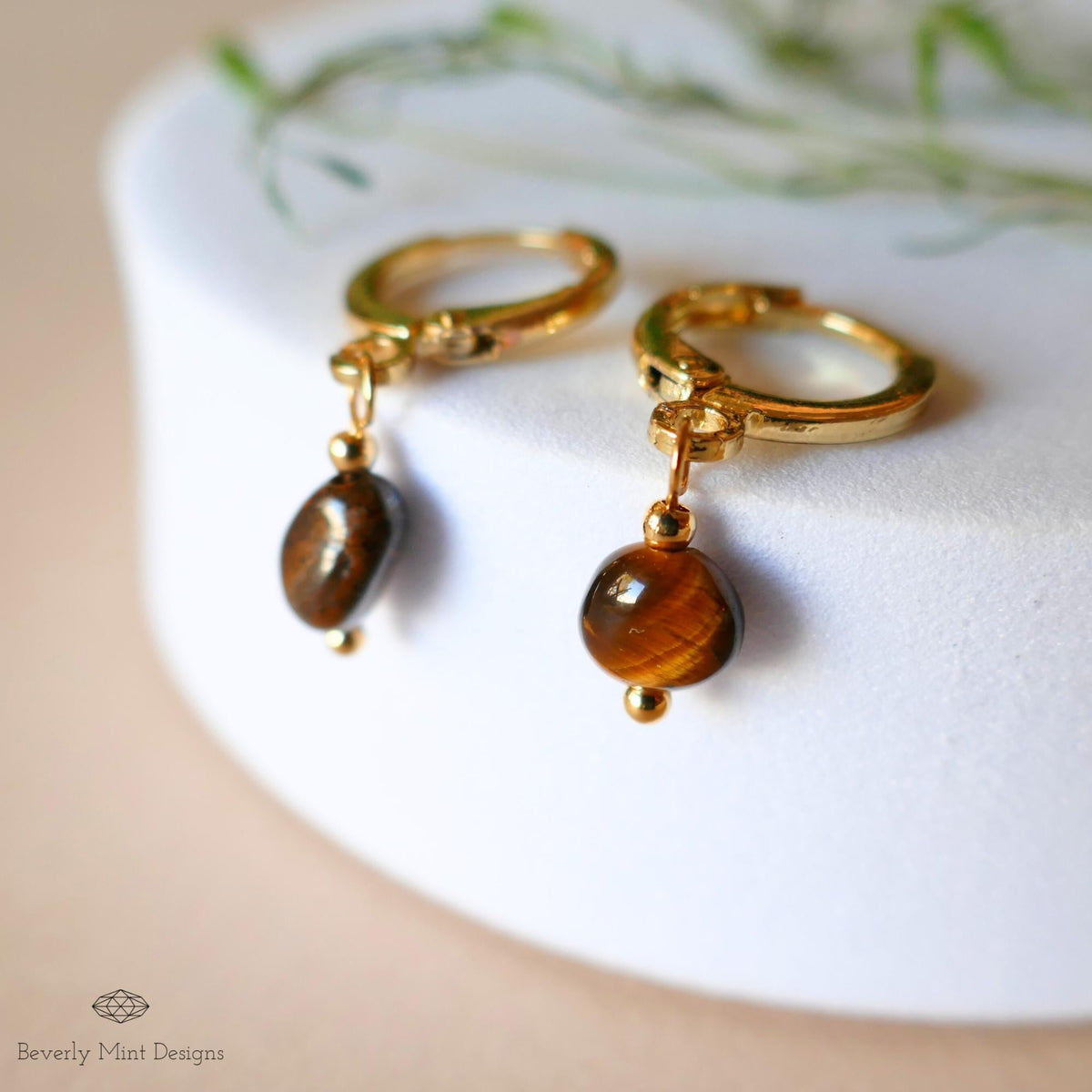 Tiger and #39;s Eye Gold Hoop Earrings , Minimalist Dangle Hoops for Women, Sensitive Ear & Clip-On Options