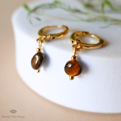Tiger and #39;s Eye Gold Hoop Earrings , Minimalist Dangle Hoops for Women, Sensitive Ear & Clip-On Options