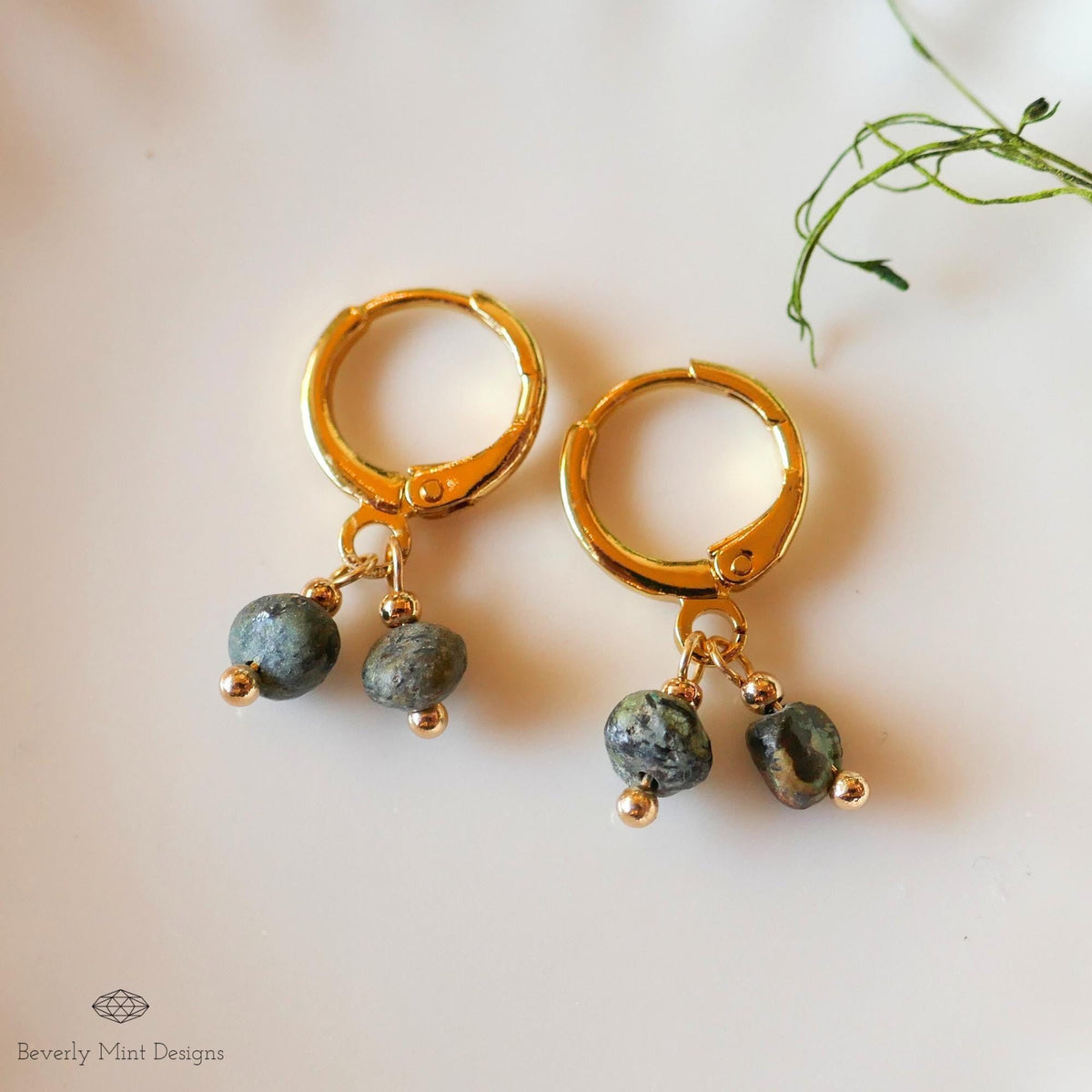 Gold Hoop Earrings with Turquoise, Minimalist Handmade Jewelry, Birthstone for December, Dangle Hoops, Sensitive Ear & Clip-On Options