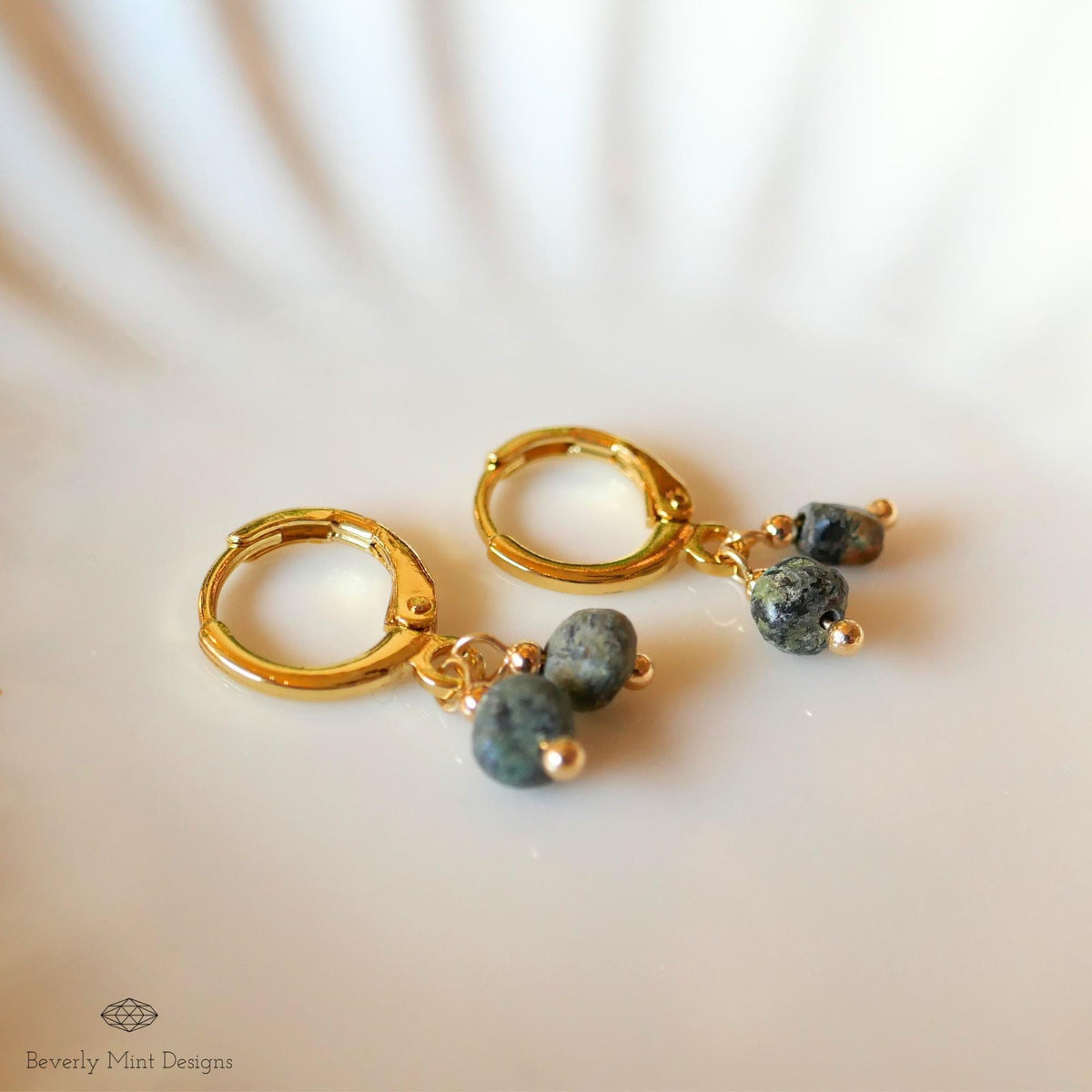 Gold Hoop Earrings with Turquoise, Minimalist Handmade Jewelry, Birthstone for December, Dangle Hoops, Sensitive Ear & Clip-On Options