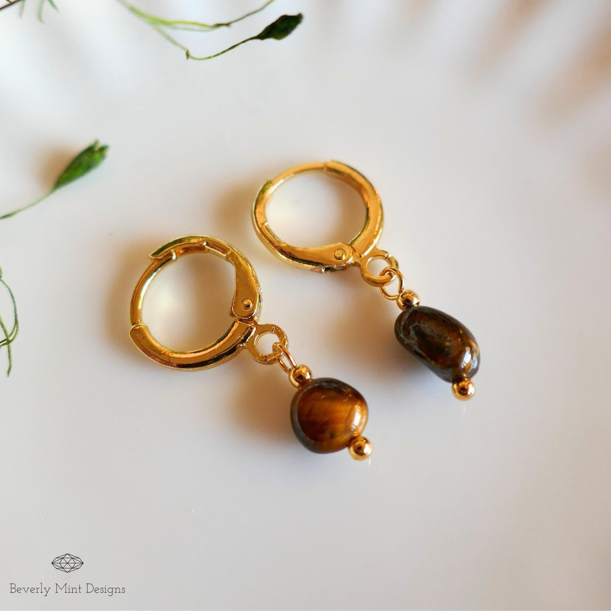 Tiger and #39;s Eye Gold Hoop Earrings , Minimalist Dangle Hoops for Women, Sensitive Ear & Clip-On Options