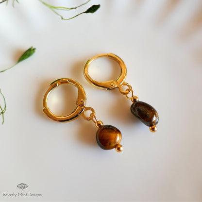 Tiger and #39;s Eye Gold Hoop Earrings , Minimalist Dangle Hoops for Women, Sensitive Ear & Clip-On Options