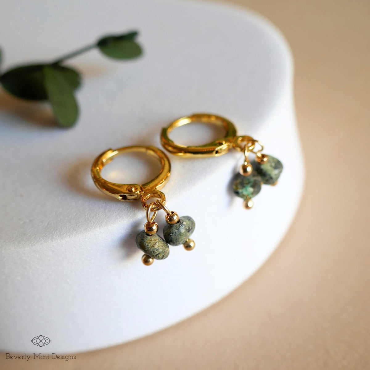 Gold Hoop Earrings with Turquoise, Minimalist Handmade Jewelry, Birthstone for December, Dangle Hoops, Sensitive Ear & Clip-On Options