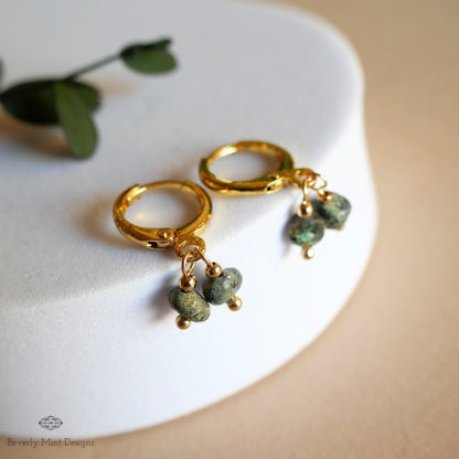 Gold Hoop Earrings with Turquoise, Minimalist Handmade Jewelry, Birthstone for December, Dangle Hoops, Sensitive Ear & Clip-On Options