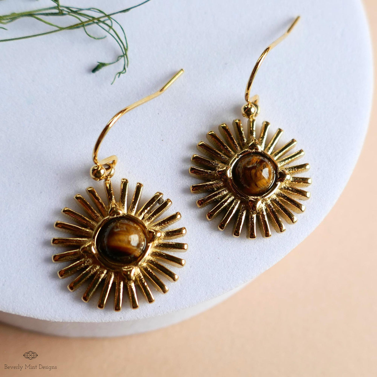 Sun Earrings, Tiger and #39;s Eye Sunburst Earrings , Gold Dangle Natural Stone Jewelry, Sensitive Ear & Clip-On Options