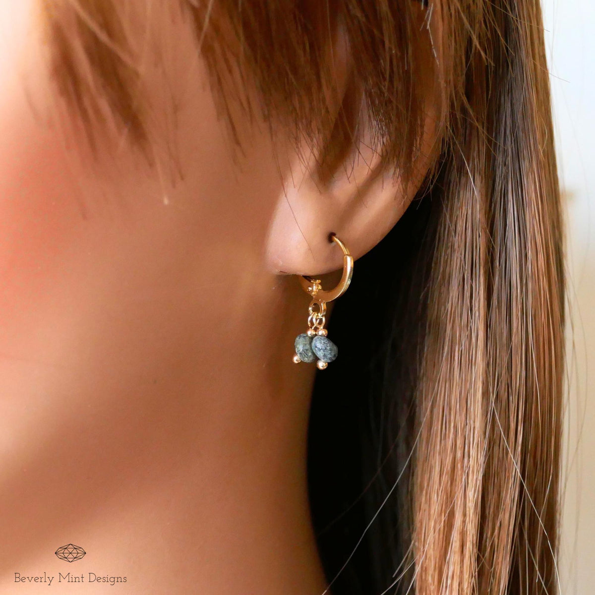 Gold Hoop Earrings with Turquoise, Minimalist Handmade Jewelry, Birthstone for December, Dangle Hoops, Sensitive Ear & Clip-On Options