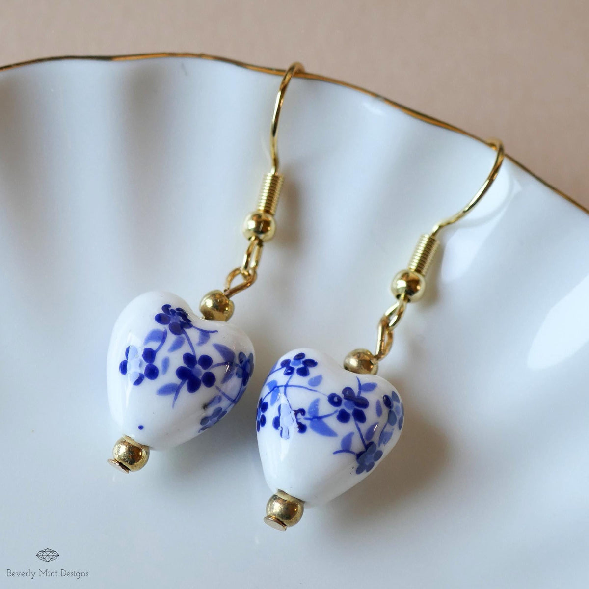 Blue and White Ceramic Drop Earrings, Floral Bead Earrings, Gold Dangle Earrings, Chinoiserie Style Jewelry, Sensitive Ear & Clip-On Options